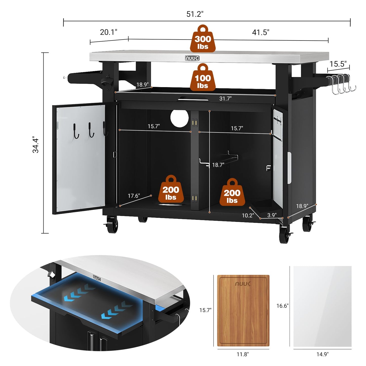 NUUK Outdoor Grill Cart with Storage Cabinet Metal Kitchen Island Prep Table with Movable Universal Wheels and Stainless Steel Top for Outside BBQ Backyard Include Hooks Spice Rack
