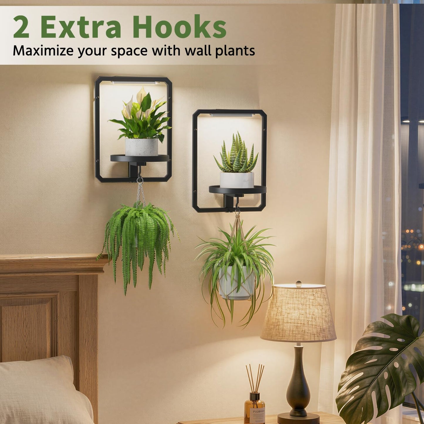 LASZOLA Plant Hangers Holder Wall Mount Indoor Window with 2 Grow Light, 2 Pack Floating Flower Stand Shelf with Hooks, Metal Picture Frame Hanging Planter Display Decor for Kitchen Bathroom, Black