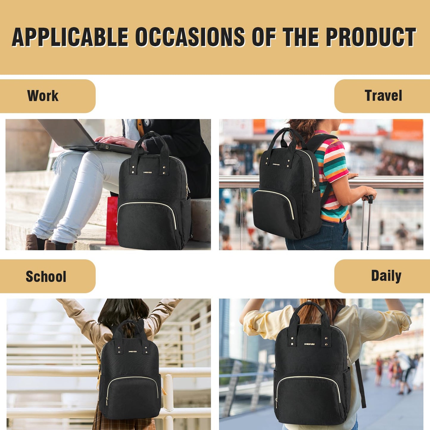 Z-MGKISS Laptop Backpack Women, 15.6 Inch Casual Daypack, Lightweight Stylish Rucksack for Travel Business College, Gifts for Ladies Teacher Nurse, Black