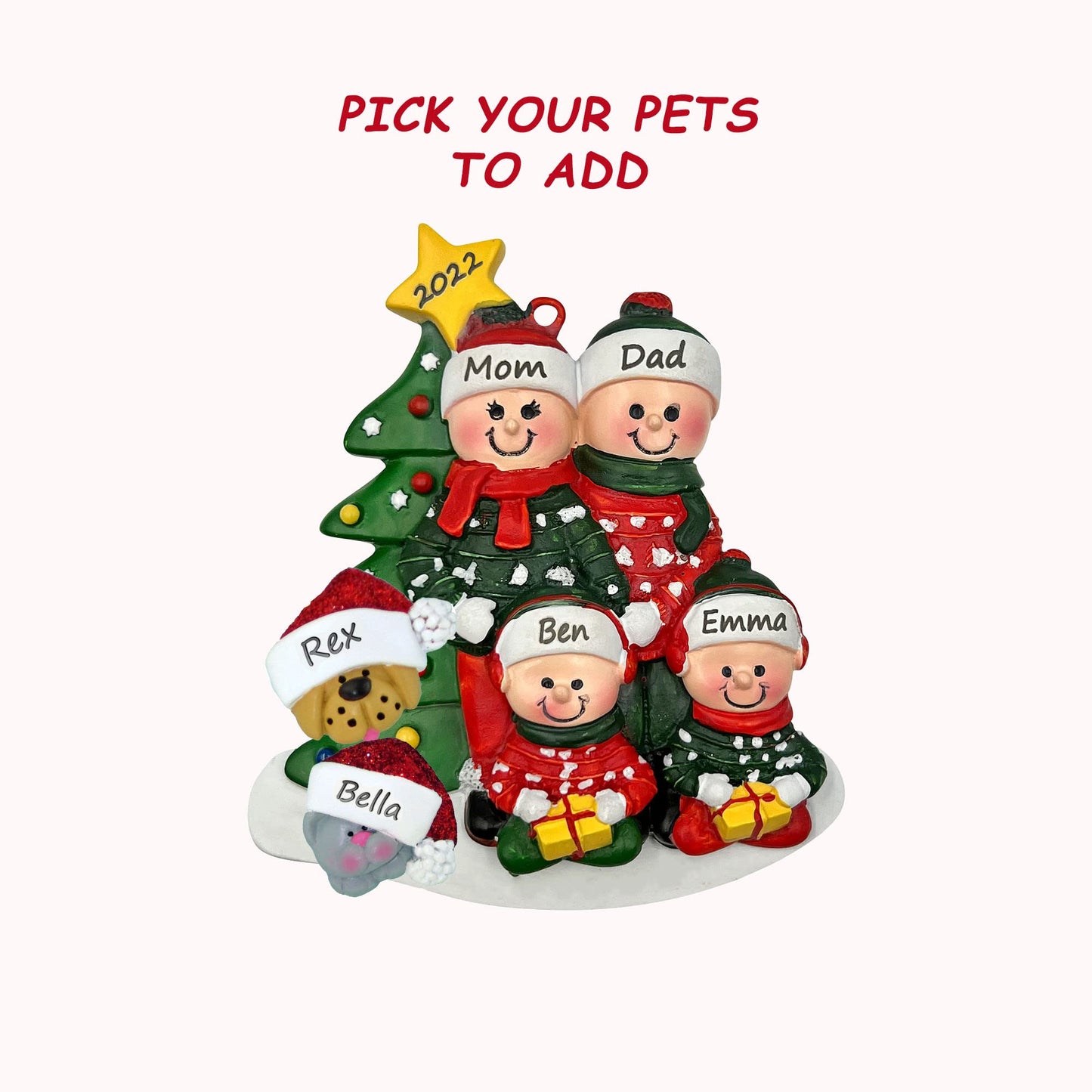 CHEERZEER CUSTOMIZE Family Ornament with Pets Dogs Cats - Family of 4 Christmas Ornament with Dog Cat, Add on Pet Dog Cat Family Christmas Ornament