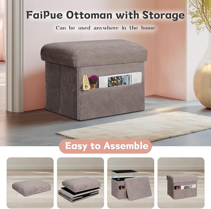 Ottoman with Storage, Folding Soft Fur Ottoman Foot Rest Stool with Thicker