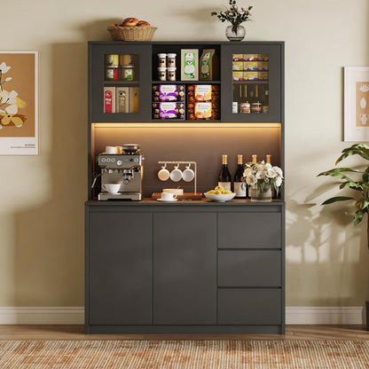 71" Kitchen Pantry Cabinet,Tall Storage Cabinet with Doors & Shelves Adjustable, Kitchen Storage Hutch with Microwave Shelf,Coffee Bar,Led Lights&Charging Station,Corner Pantry Cabinet for Living Room