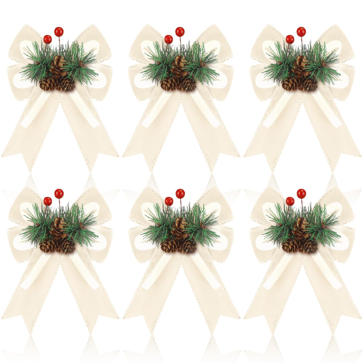 Syhood 6 Pcs Christmas Velvet Bow with Pine Cones Pine Needles Berries Xmas Champagne Ribbon Bow Ornaments 6.3 x 5.1 Inch for Christmas Tree Wreath Garden Fireplace Crafts DIY Decor