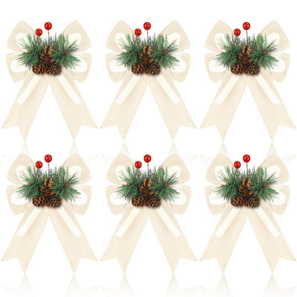Syhood 6 Pcs Christmas Velvet Bow with Pine Cones Pine Needles Berries Xmas Champagne Ribbon Bow Ornaments 6.3 x 5.1 Inch for Christmas Tree Wreath Garden Fireplace Crafts DIY Decor