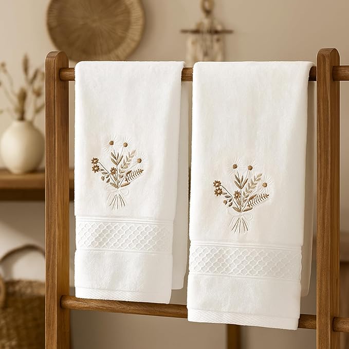 2 Pcs Boho Flowers Hand Towels Beige Bathroom Wildflowers Decor 14x29 Inch