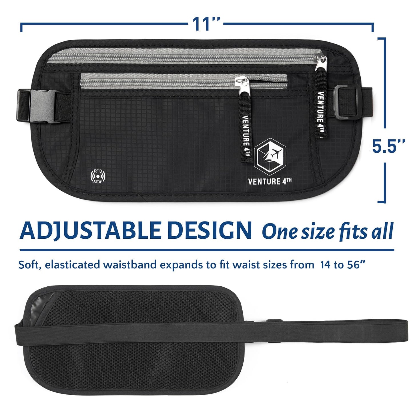 VENTURE 4TH Travel Money Belt - Slim Passport Holder RFID Blocking Travel Pouch to Protect Cash, Credit Cards and Travel Documents (Black)