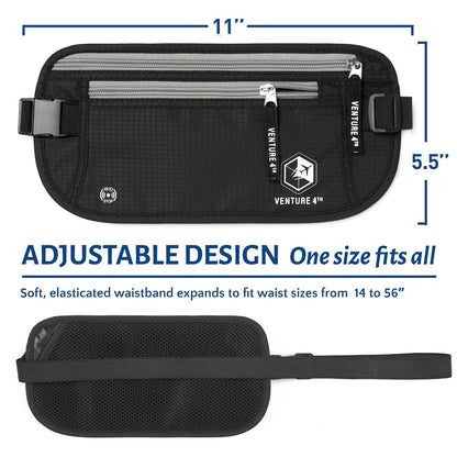 VENTURE 4TH Travel Money Belt - Slim Passport Holder RFID Blocking Travel Pouch to Protect Cash, Credit Cards and Travel Documents (Black)