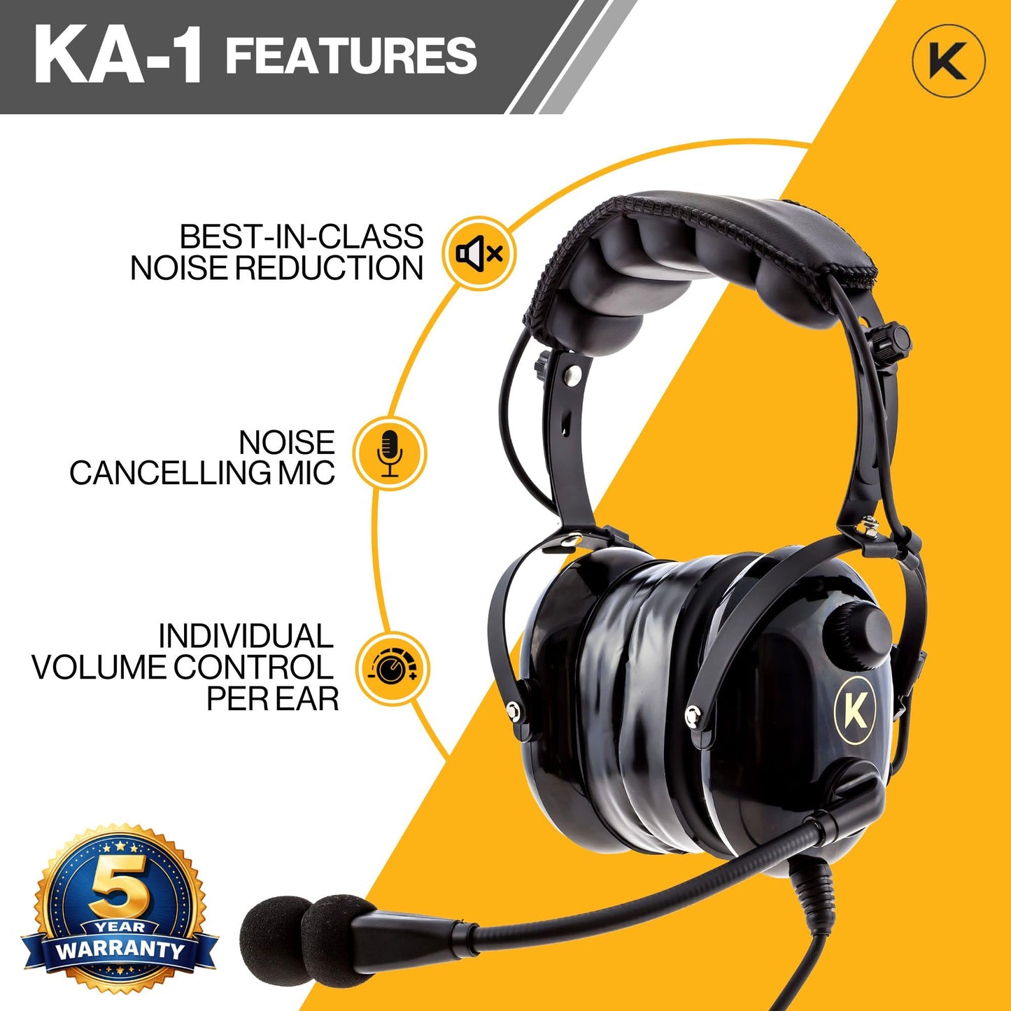 KA-1 General Aviation Headset for Pilots - Mono and Stereo Compatibility, Passive Noise Reduction, Noise Canceling Microphone, Gel Ear Seals, Adjustable Headband & Headset Bag