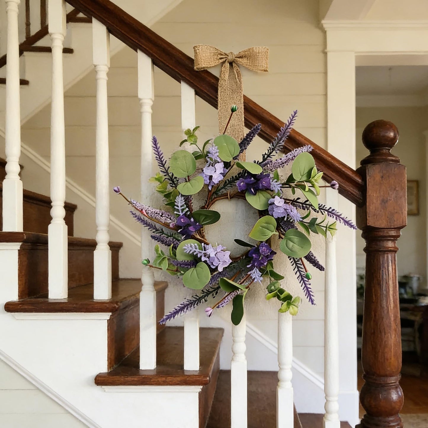 6 Pcs Small Lavender Hanging Wreaths for Cabinets with Violet Hydrangea Flowers and Eucalyptus Leaves Spring Summer Mini Candle Ring Wreath for Home Kitchen Front Door Window Porch Wall Wedding Decor