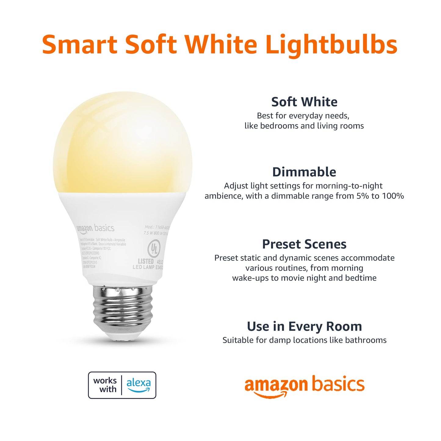 Amazon Basics Smart A19 LED Light Bulb, Color Changing, 9W (60W Equivalent), 800LM, Works with Alexa Only, 2.4 GHz Wi-Fi, No Hub Required, 1 Pack