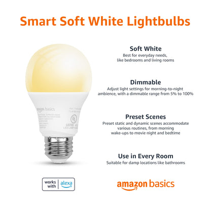 Amazon Basics Smart A19 LED Light Bulb, Color Changing, 9W (60W Equivalent), 800LM, Works with Alexa Only, 2.4 GHz Wi-Fi, No Hub Required, 1 Pack