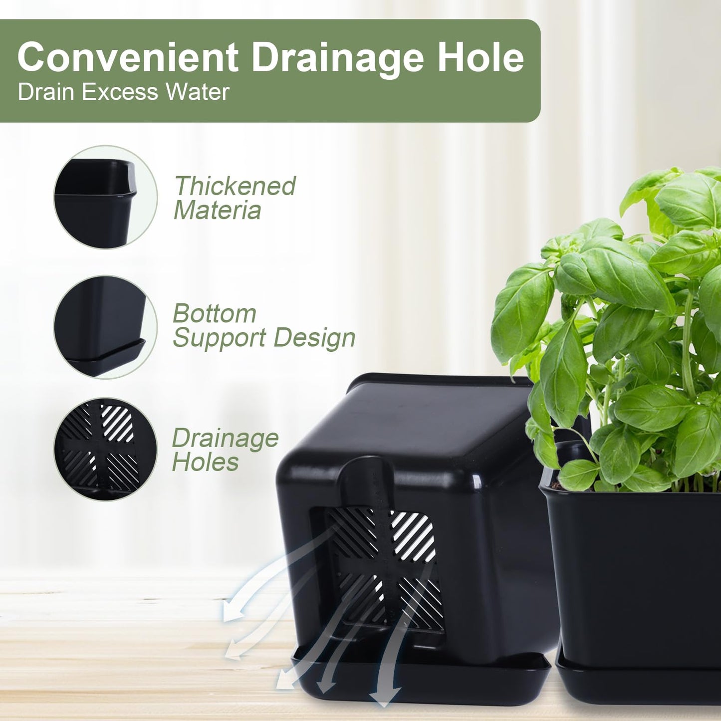 Oliz Herb Garden Planter Indoor Kit Pots for Indoor/Outdoor Plants 4 Packs Windowsill Plant Pots with Drainage and Tray, Window Pot for Indoor Plants (Black)