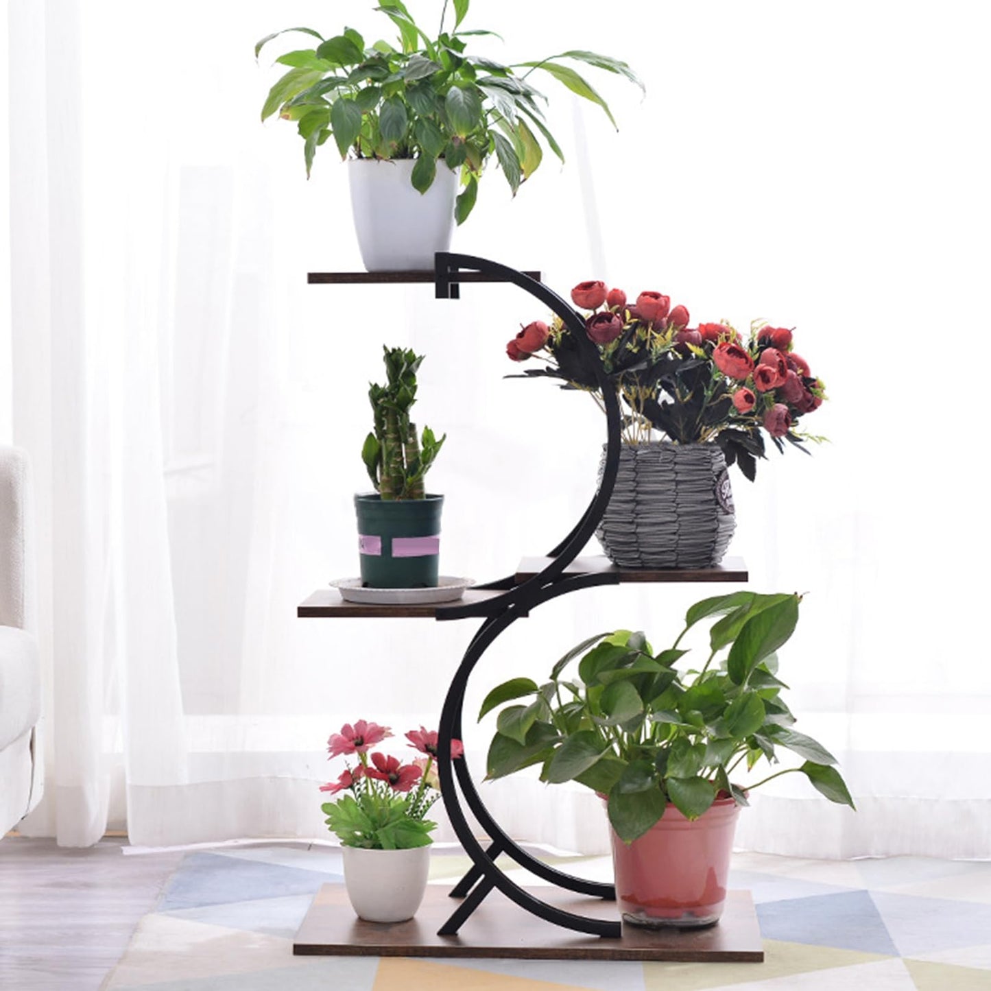 gibxiyza Plant Stand Plant Shelf Indoor Outdoor Metal 4 Tier 5 Potted Multiple Flower Pot Holder ShelfPlanter Display Shelving Unit for Patio Garden Corner Balcony Living Room Black Coffee