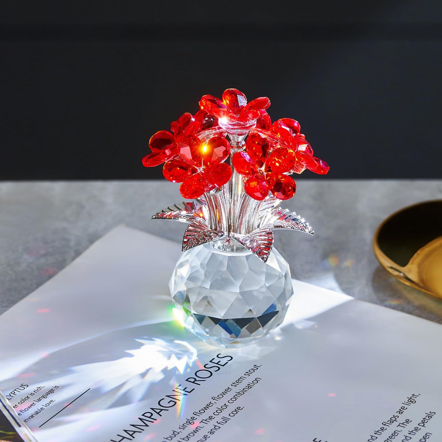 XLSJGYP Crystal Red Flower Decoration Glass Flowers Mother's Day Birthday Gifts for Women Girl Wife Girlfriend Daughter Ornament Bouquet Collectible for Valentine's Day Wedding (Red Flower 02)