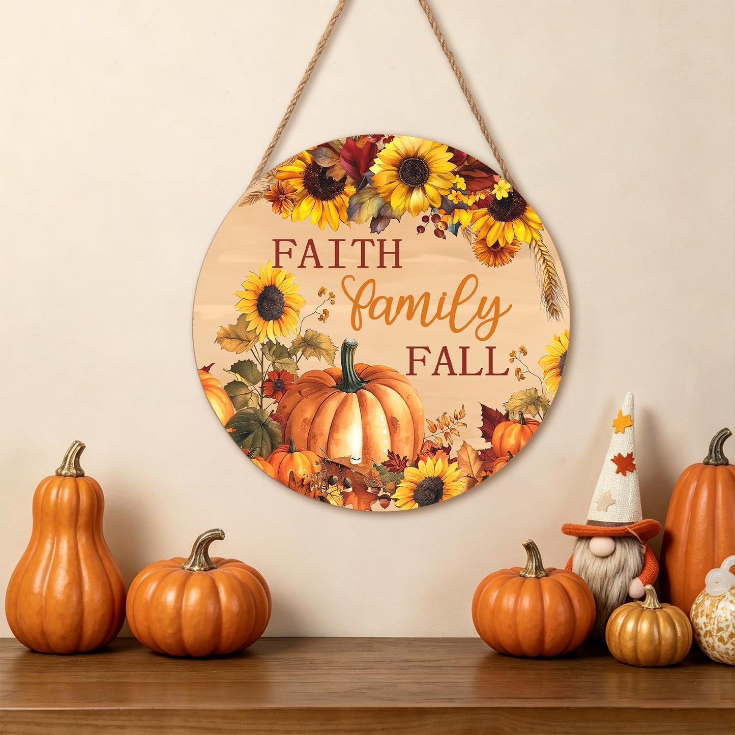 Faith Family Fall Front Door Sign Fall Sunflower Pumpkin Door Decorations Wood Sign Autumn Harvest Wreath Door Hanger Farmhouse Fall Plaques Wall Hanging Decoration for Home Proch Yard 12"x12"