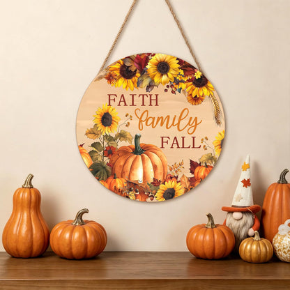 Faith Family Fall Front Door Sign Fall Sunflower Pumpkin Door Decorations Wood Sign Autumn Harvest Wreath Door Hanger Farmhouse Fall Plaques Wall Hanging Decoration for Home Proch Yard 12"x12"