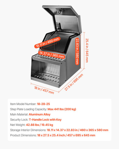 VEVOR Semi-Truck Step Tool Box, 18" x 27.5" x 25.4" Heavy Duty Aluminum Toolbox Side Mount, Waterproof Side Storage Saddle Step Box with T-Handle Lock & Keys for Semi Trucks, Flatbed Trailers
