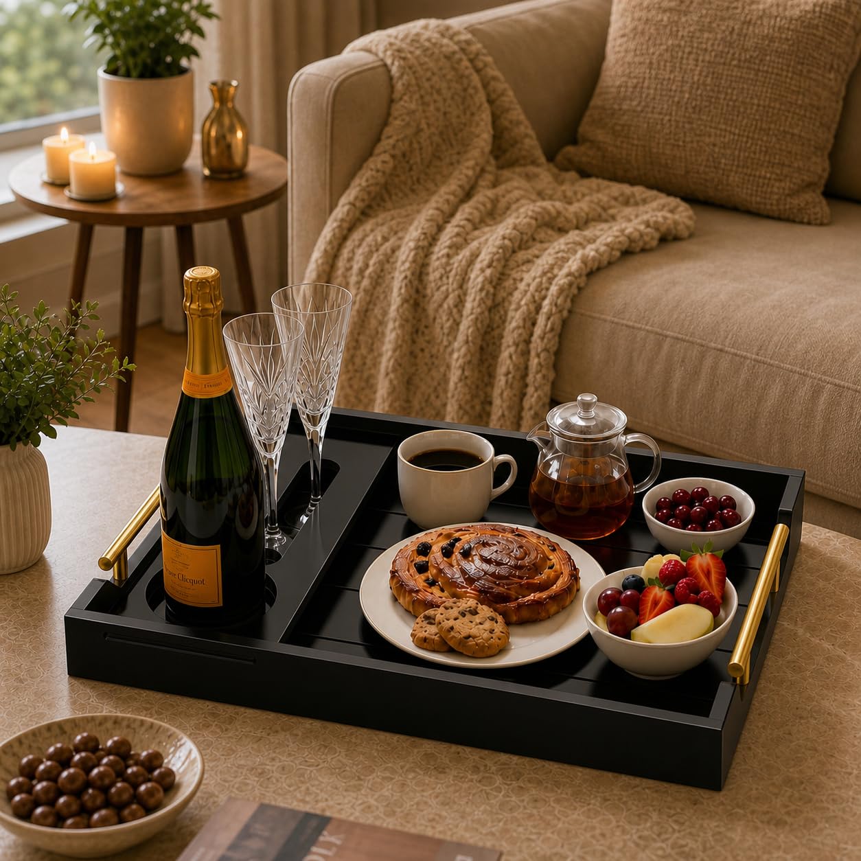 Black Wood Serving Tray with Removable Wine Glass Holder, Couch Snack Tray for Movie Night, Sofa, Ottoman, Coffee Table, Wedding and Housewarming Gift