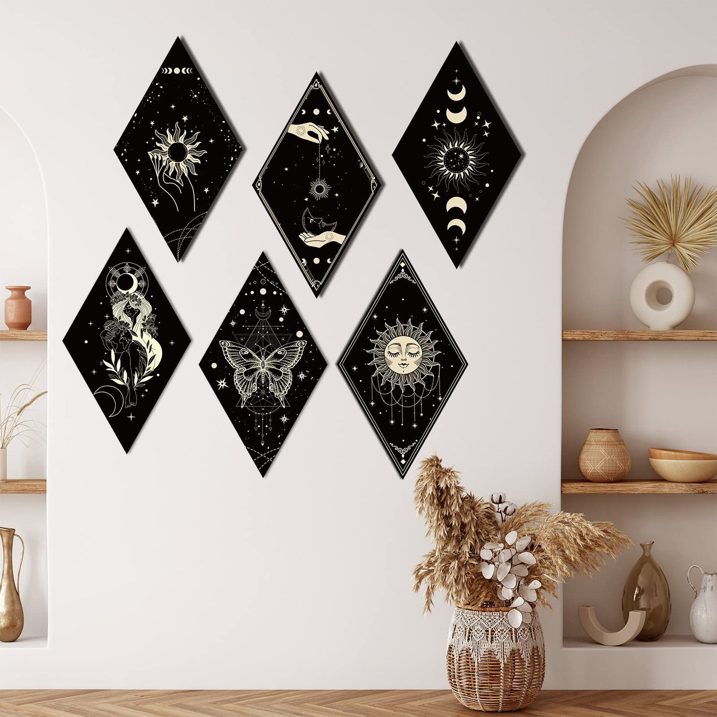 Sintuff 6 Pieces Gothic Wall Decor Boho Sun Moon Phases Wall Art Gothic Minimalist Stars Sun Hanging Wooden Home Decor Farmhouse Pediments for Gallery Living Bedroom Room(Boho)