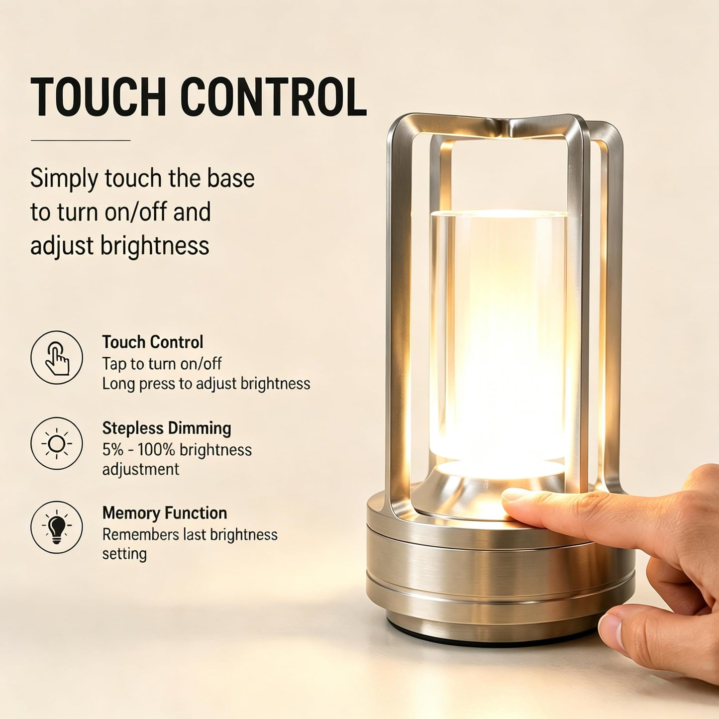 Candico Rechargeable Crystal Table Lamp, 3-Color Touch LED, Silver