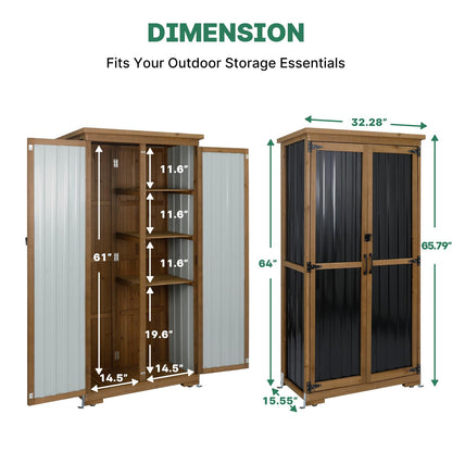 Ketive Outdoor Storage Cabinet, Tall Tool Garden Cabinet with Weather-Resistant Roof, Double Lockable Doors, 3 Removable Shelves & Adjustable Feet, for Patio, Garden, Backyard, 32" x 15.5" x 66"