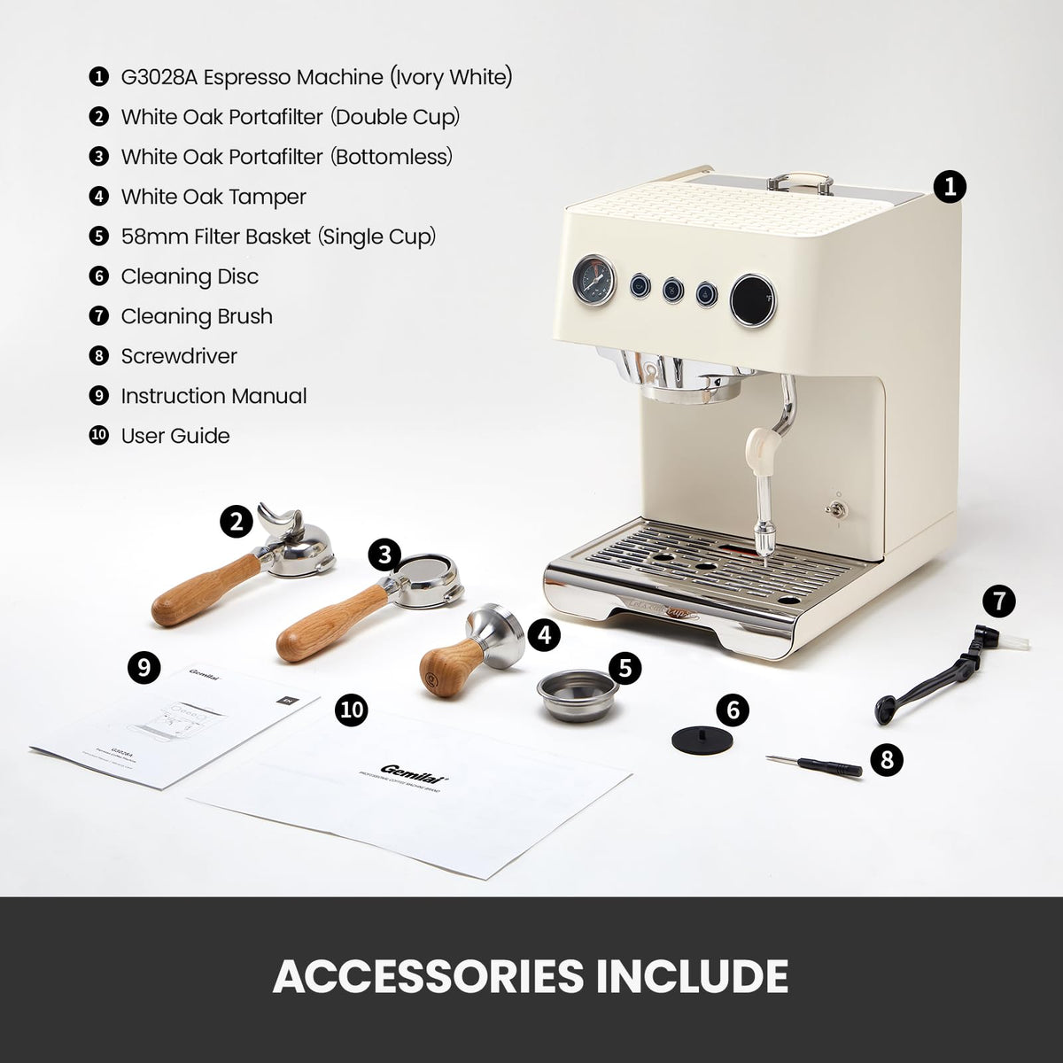 Gemilai G3028A Espresso Machine, 15 Bar Professional Coffee Maker with Adjustable Pressure & Automatic Milk Frother, Dual PID & 550ml Boiler, 57oz Tank, Stainless Steel for Cappuccino, Latte White