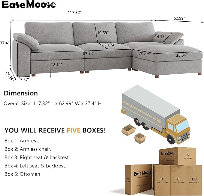 EASE MOOSE Oversized L Shape Sectional Modular Sofa, Wide Deep seat Sectional