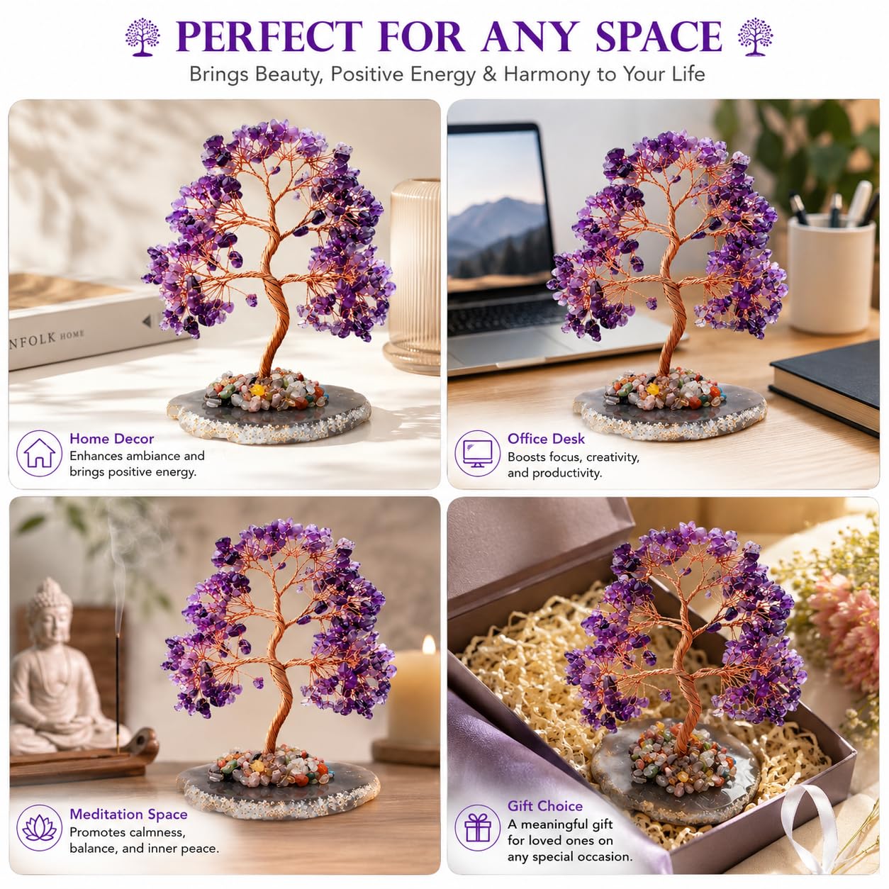Geodora Amethyst Crystal Tree of Life, Healing Crystal Tree with Real Amethyst Stones, Chakra Tree of Life Crystal Tree for Positive Energy, Feng Shui Home Office Desk Decor, Spiritual Gifts for Women