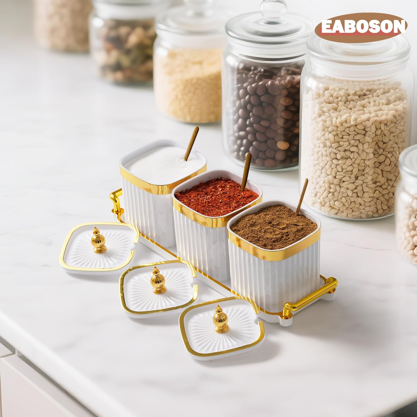 EABOSON 3 Pack Gold Condiment Spice Jars with Lids, Spoons, Tray - Plastic Seasoning Box Set for Salt, Pepper, Sugar - Kitchen Storage