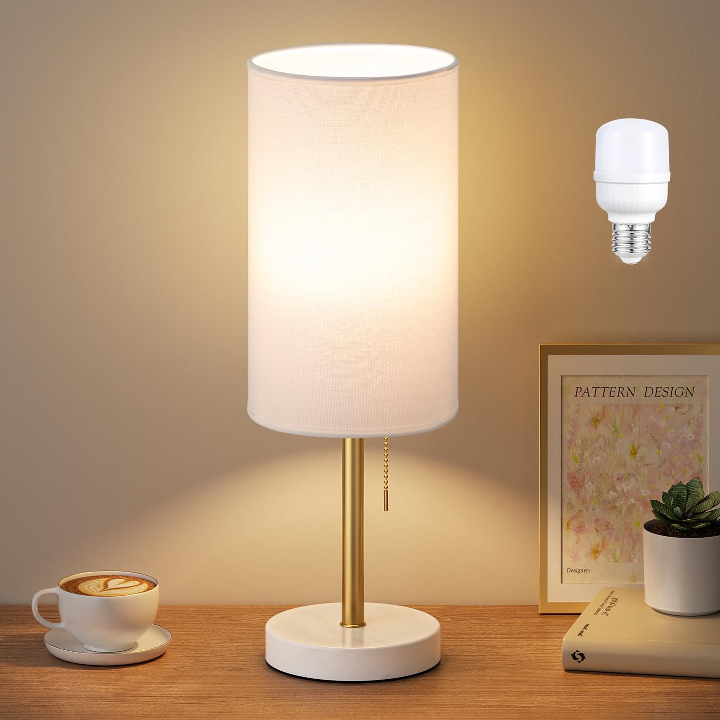 Dicoool Tall Bedside Table lamp for Bedroom - Luxury Marble Base & 3 Color Temperatures Bedside Lamps, Pull Chain Gold Table Lamps, White Nightstand Lamps for Living Room/Guest Room