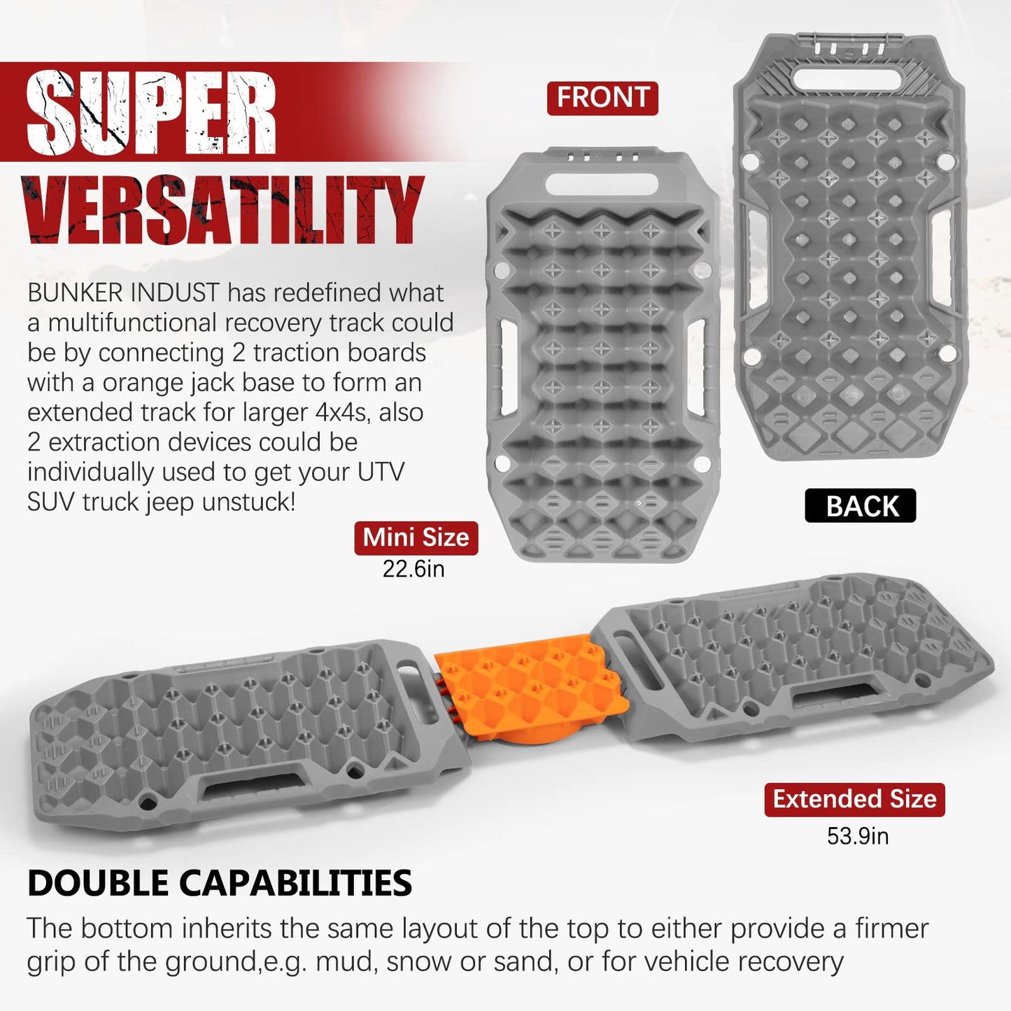 BUNKER INDUST Offroad Traction Boards with Jack Base (Grey) + 3" x 20ft Recovery Straps + Pair 3/4 D Ring Shackles + Bag 35,000 lbs Tree Saver Winch Strap