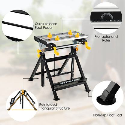 Toolsempire Portable Workbench, Folding Work Bench and Vise with 2 Rotary Handles, 7-Level Adjustable Height, 8 Sliding Clamps, Tiltable & Extendable Tabletop, Workbench Table for Garage, Workshop