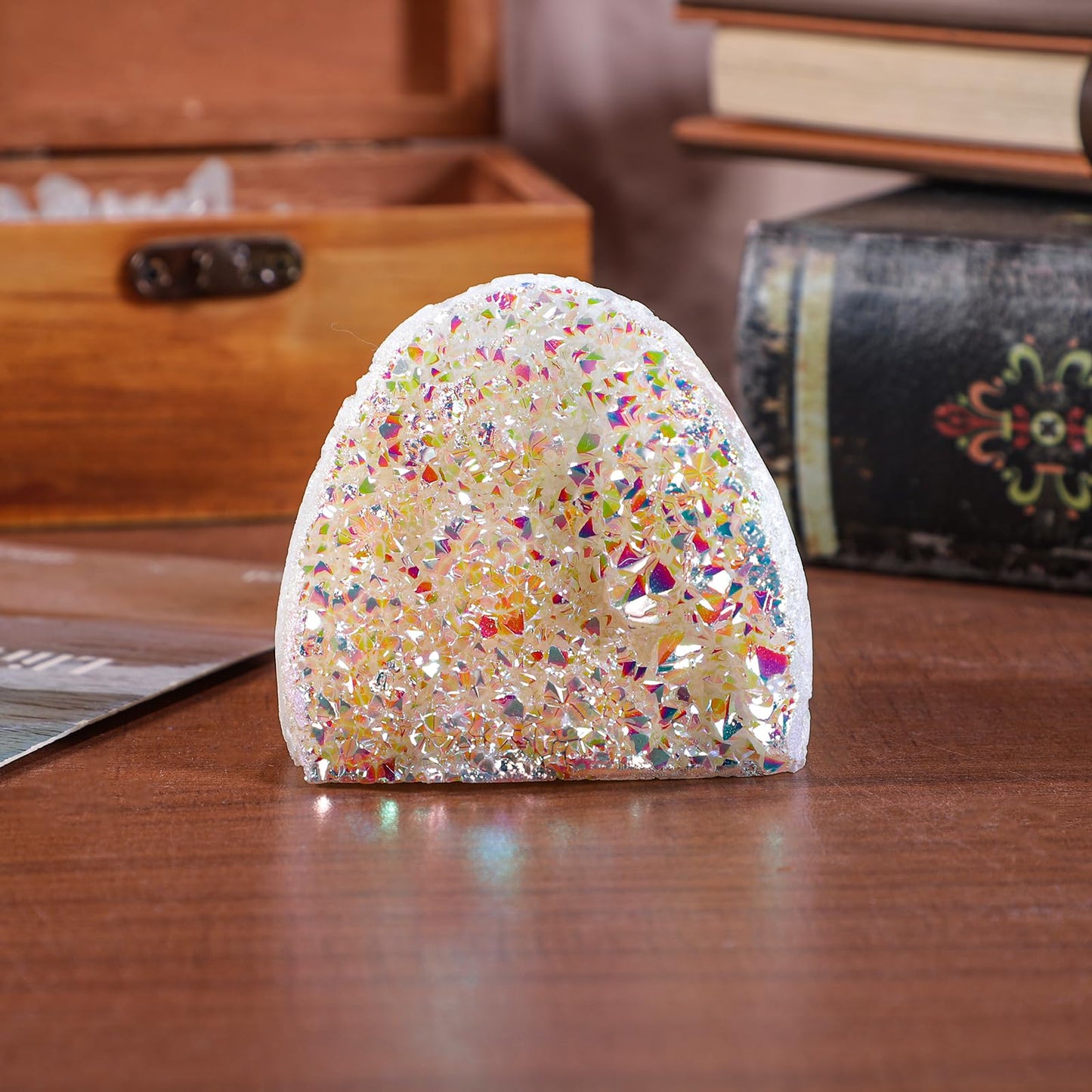 SUNYIK White AB Titanium Coated Rock Quartz Crystal Cluster Upright Natural Raw Rough Stone Mineral Specimen for Tabletop Decor Healing Meditation