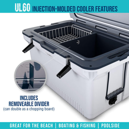 ENGEL 60 QT Ultra-Light Injection Molded Cooler - Ice Chest Keeps Ice up to 7 Days - Large Cooler Includes Wire Basket, Divider and Built-in Bottle Opener - Blue with Dark Grey Interior (Blue)