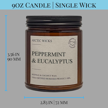 Arctic Wicks Peppermint & Eucalyptus Candle | 9oz Amber Jar | Arctic Wicks Handmade Scented Natural Coconut Beeswax Candles | Prefect Gift For Spa Lovers Non-Toxic 100% USDA Certified Biobased