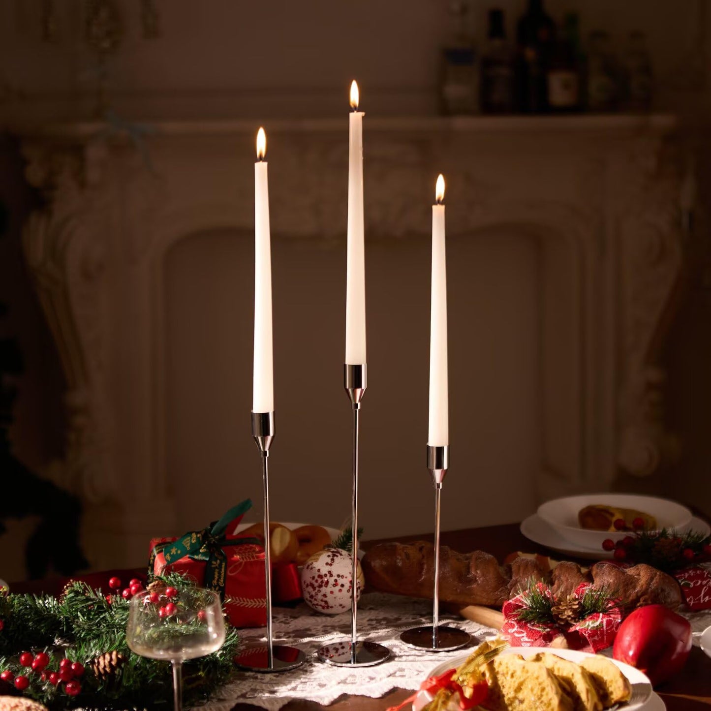 Pickood Upgraded Chrome Taper Candle Holders Set of 6, Luxury Silver Long Skinny Candlestick (Heights: 9/11/13 Inch), Heavy Iron Anti-Slip Base for Fireplace Mantle Table Centerpiece Dining Decor