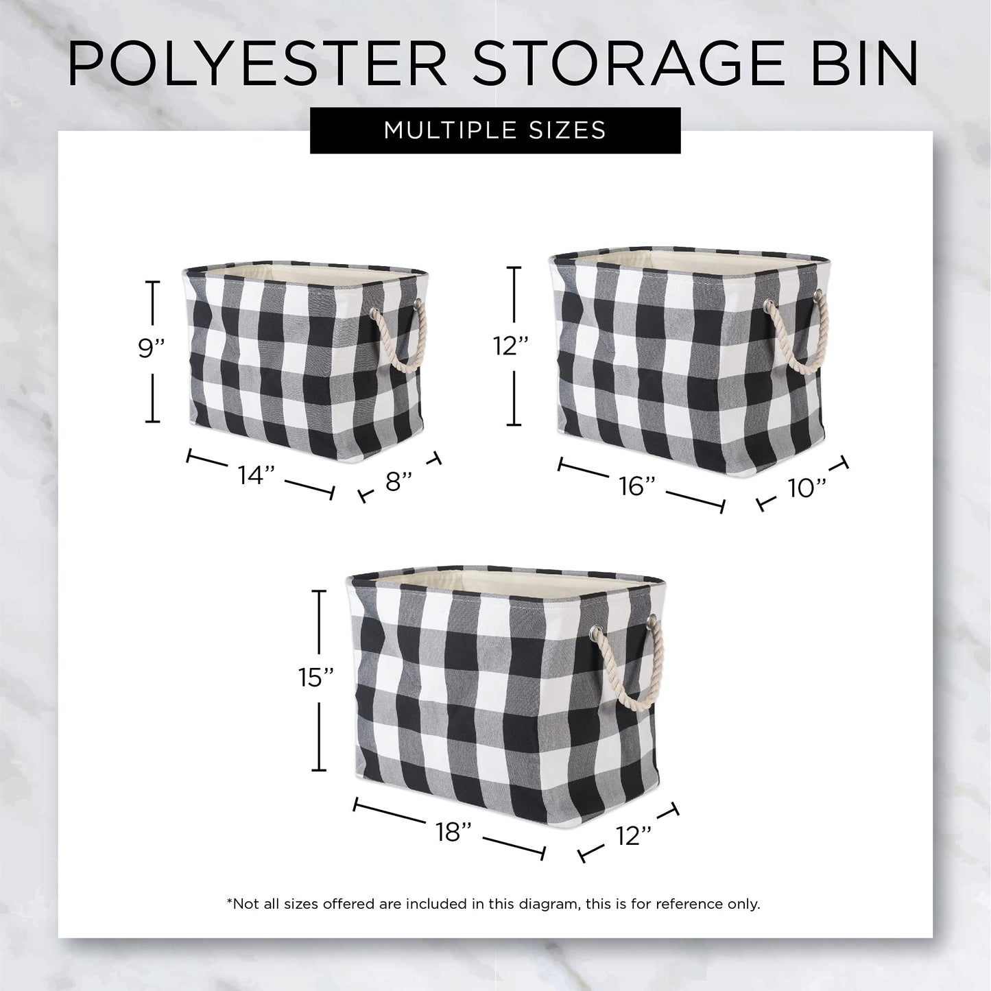 DII Buffalo Check Storage Collection Collapsible Bin with Handles, Medium Rectangle, 16x10x12, Tri Color Black
