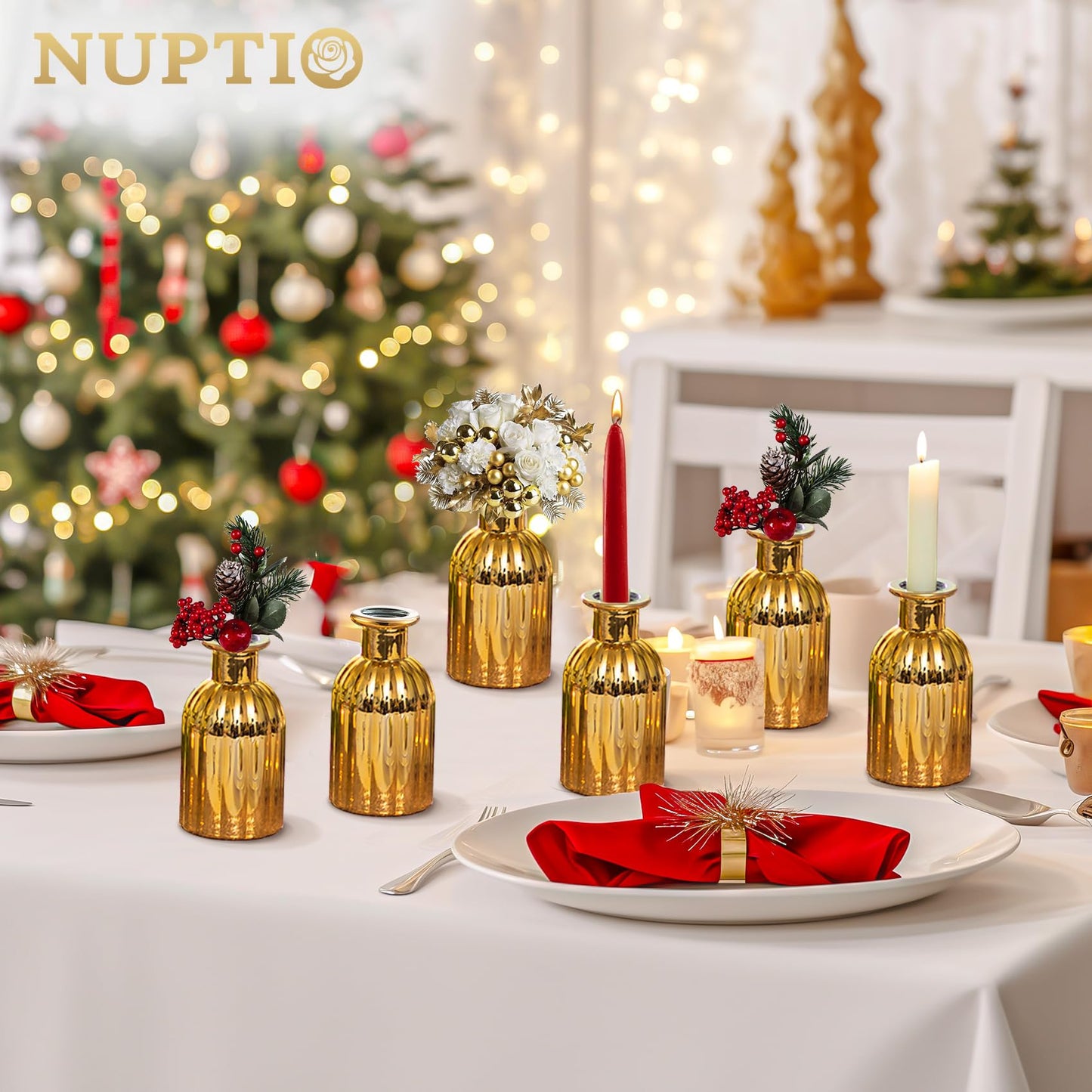 NUPTIO Bud Vases Small Gold: 12 Pcs Glass Vase Set in Bulk for Flowers - Mini Vintage Flower Bottle Single Vases for Wedding Table Centerpieces