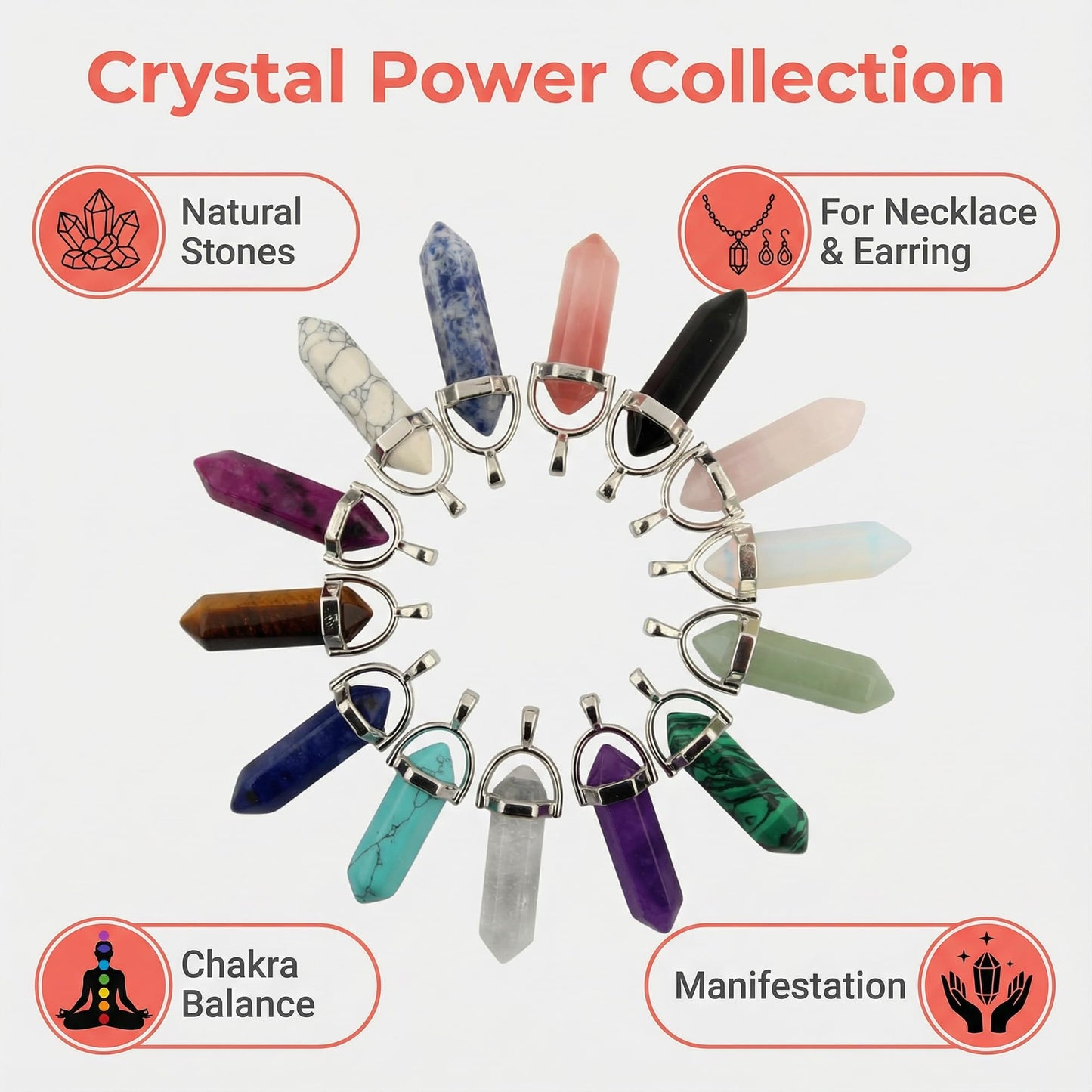 Cmidy Crystal Pendants Mutilcolor 50pcs Gemstone Bullet Meditation Healing Pointed Quartz Chakra Crystal Stone Reiki Pendants for Necklace Jewelry Making