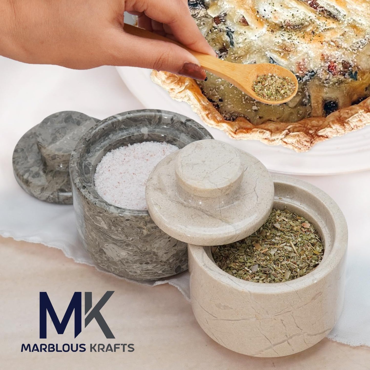 MARBLOUS KRAFTS Marble Salt Cellar 3" Inch Oceanic and Verona Celtic Salt and Spice Holders, DiningTable Decor for Kitchen & Home, Sea Salt Holder with Lid Storage Container