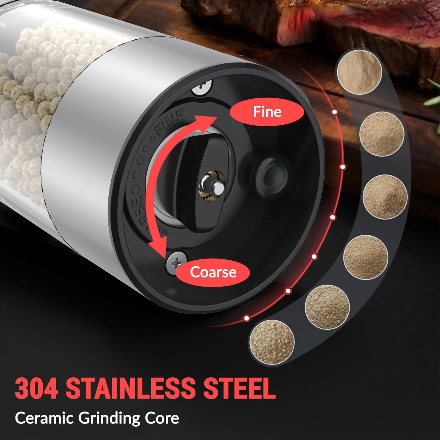 Electric Salt and Pepper Grinder Set, 95ml Large Capacity Automatic Pepper Mill with USB-C Charging Base & LED Light, Adjustable Coarseness Stainless Steel Spice Grinder 2-Piece Set