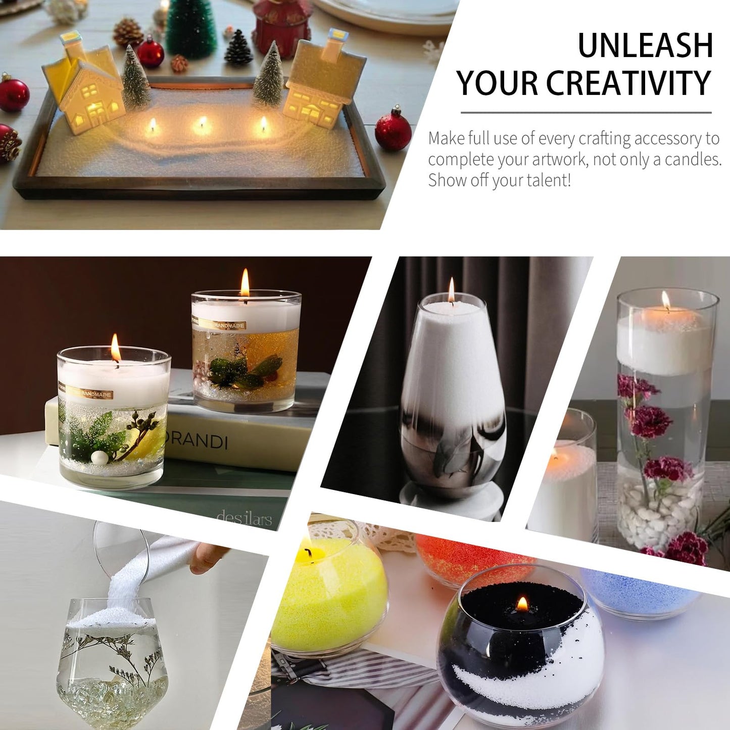 Pansyling Pearled Candle Sand Set, Refillable 1.1Lb Sand Wax, 50 X 6”Candle Wicks, Smoke Free Powder Snow Candles Sand Wax, 120 Hours Burning Time DIY Candle Making Kit, White