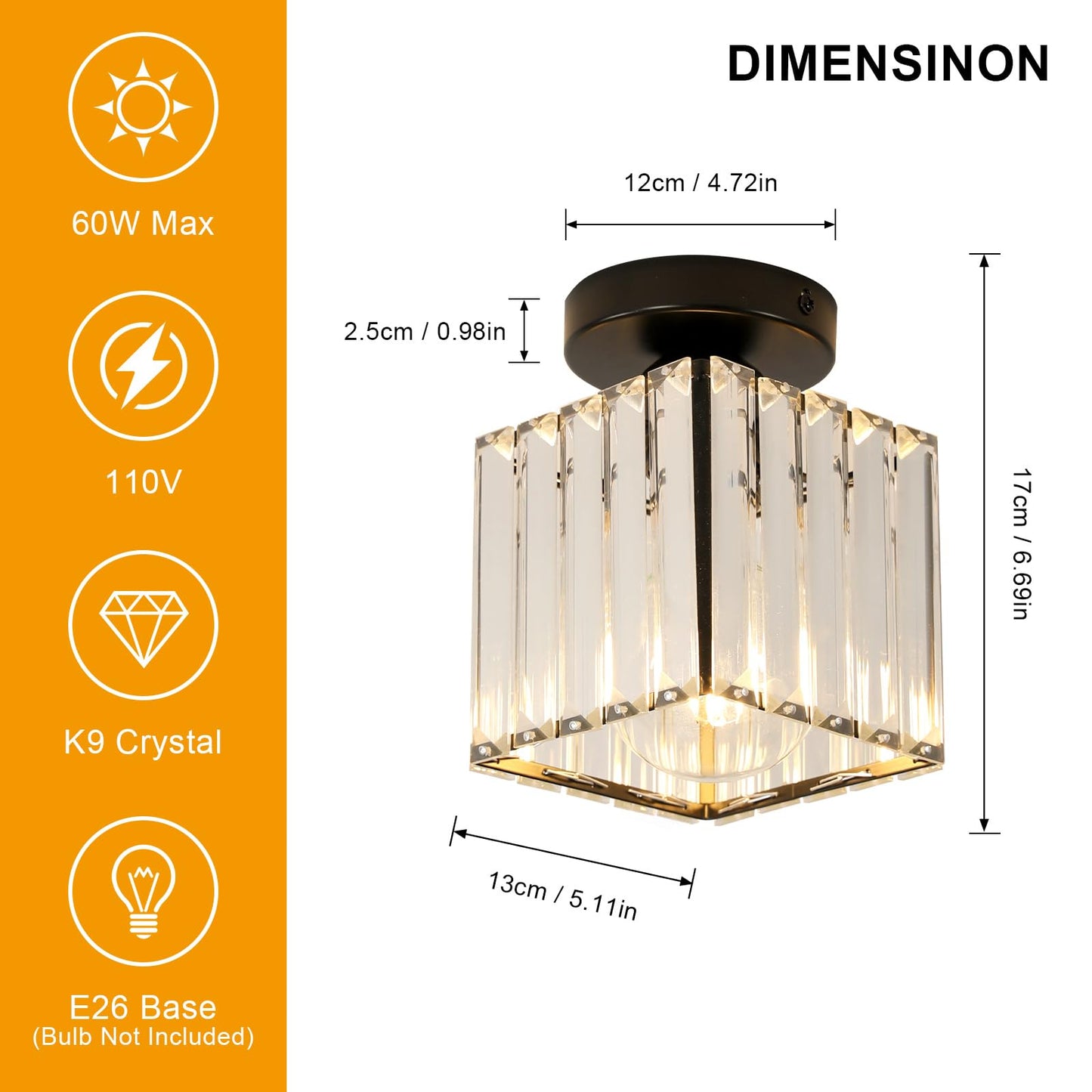 Goeco 2 Pack Square Crystal Semi Flush Mount Ceiling Light, 5.1 Inch Modern Black Mini Size Close to Ceiling Light Fixture for Hallway, Entryway, Stairway, Bathroom