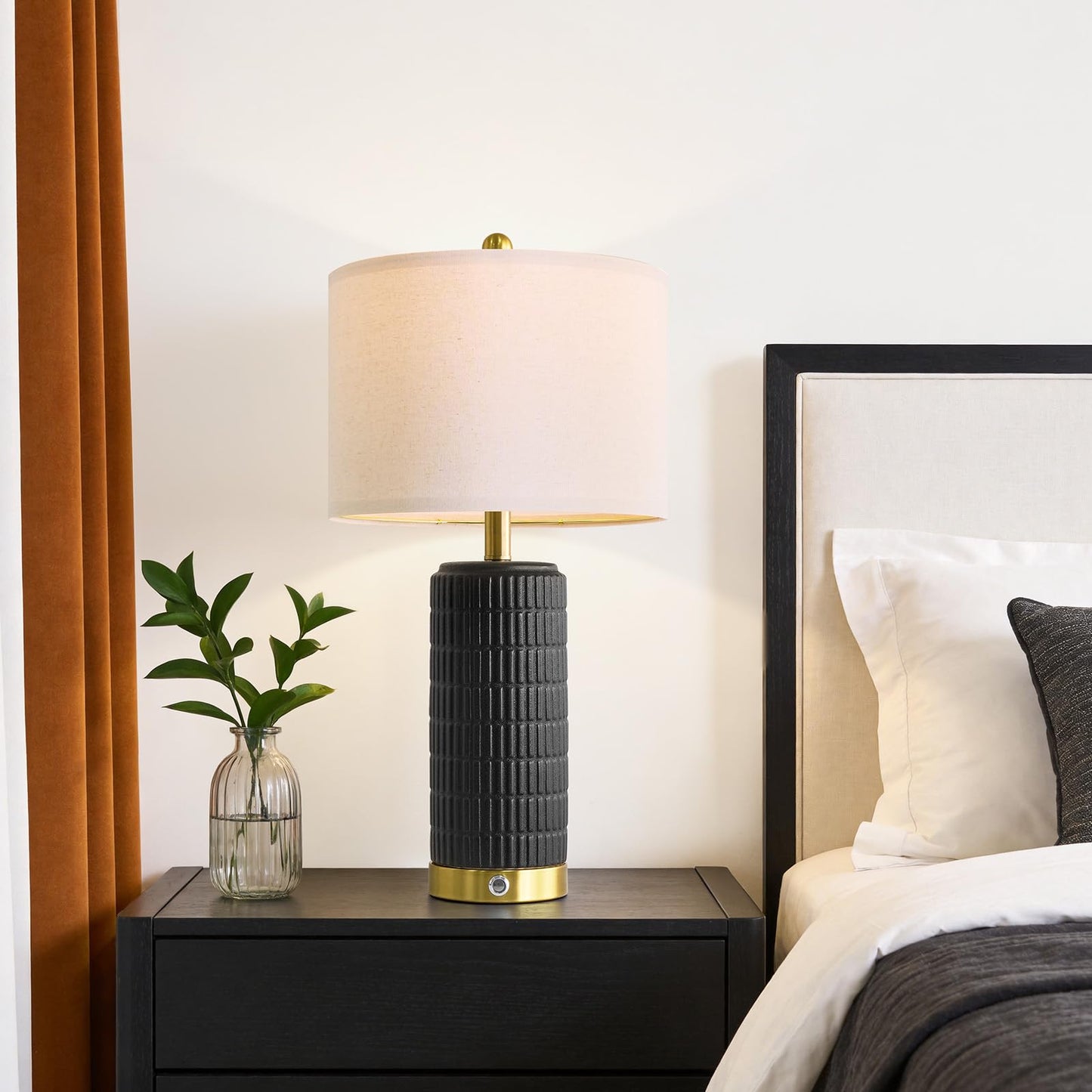PoKat Ceramic Table Lamps Set of 2 for Living Room, 25'' Modern Touch Bedside Lamps for Bedroom with 2 USB Ports, Farmhouse Black Matte-Textured Nightstand Lamps Office Home Decor (Bulbs Included)