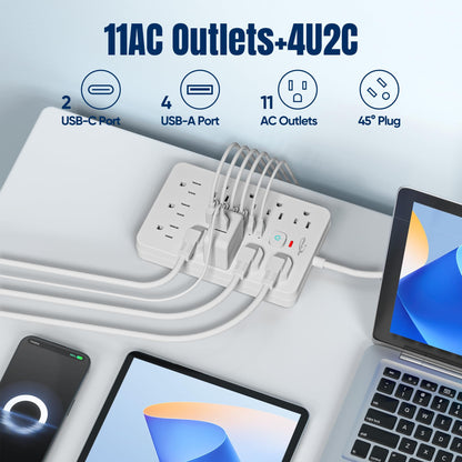 6 FT Flat Plug Surge Protector Power Strip,11 Multiple AC Outlets with 6 USB Ports (2 USB C), 6 Feet Extension Cord, 1250W/10A, One Touch Switch Button, 17 in 1 Compact powerstrip