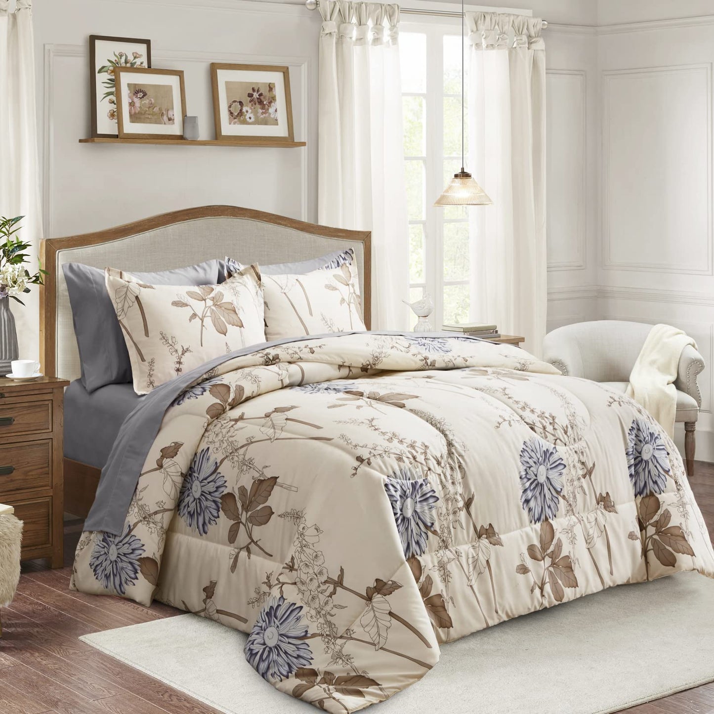 Joyreap 6 Piece Bed in a Bag Twin, Elegant Flower Botanical Smooth Soft Microfiber Floral Comforter Set for All Season (1 Comforter, 2 Pillow Shams, 1 Flat Sheet, 1 Fitted Sheet, 1 Pillowcase)