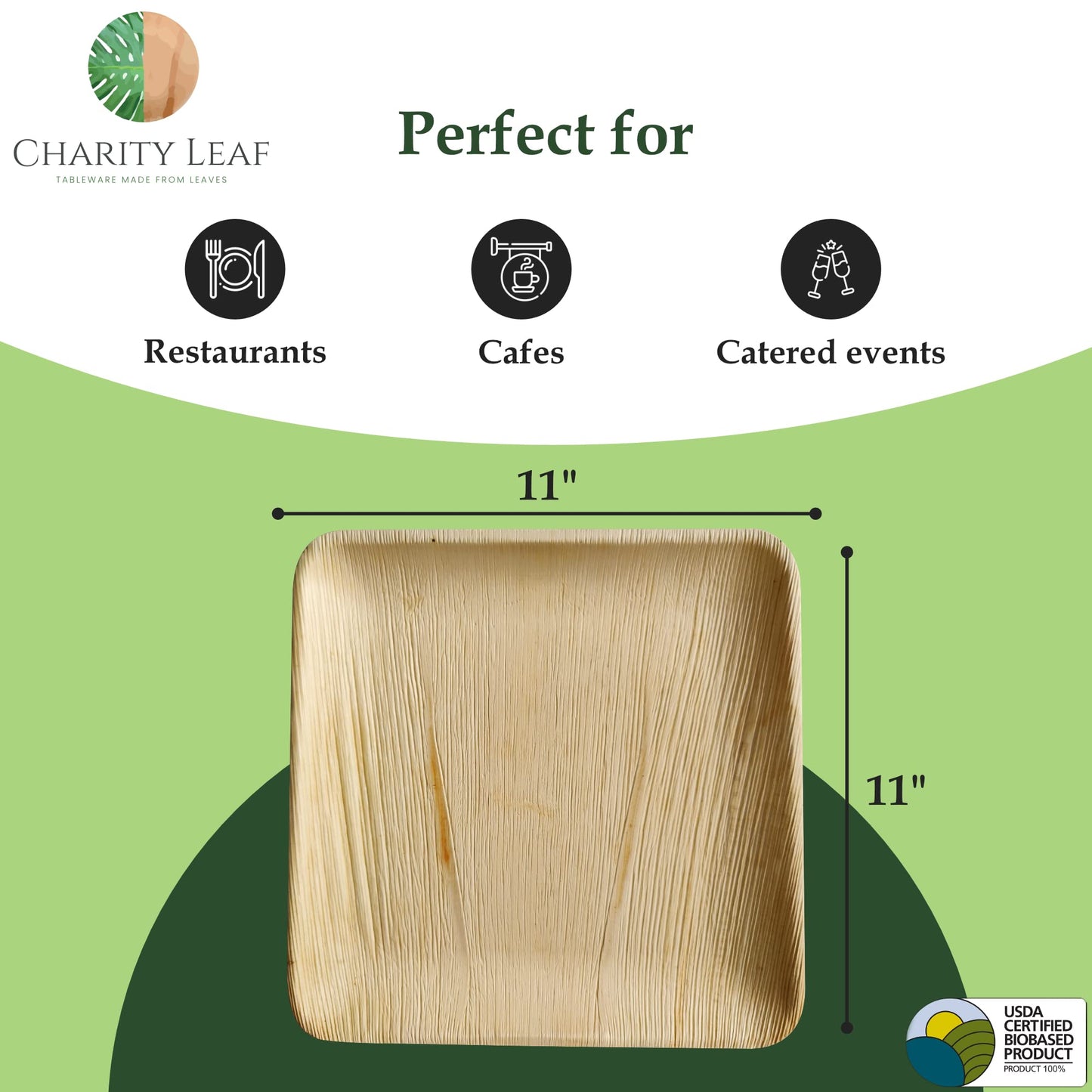 Charity Leaf Disposable Palm Leaf 11" Square Plates (25 pieces) Bamboo Like Serving Platters, Disposable Boards, Eco-Friendly Dinnerware For Weddings, Catering, Events