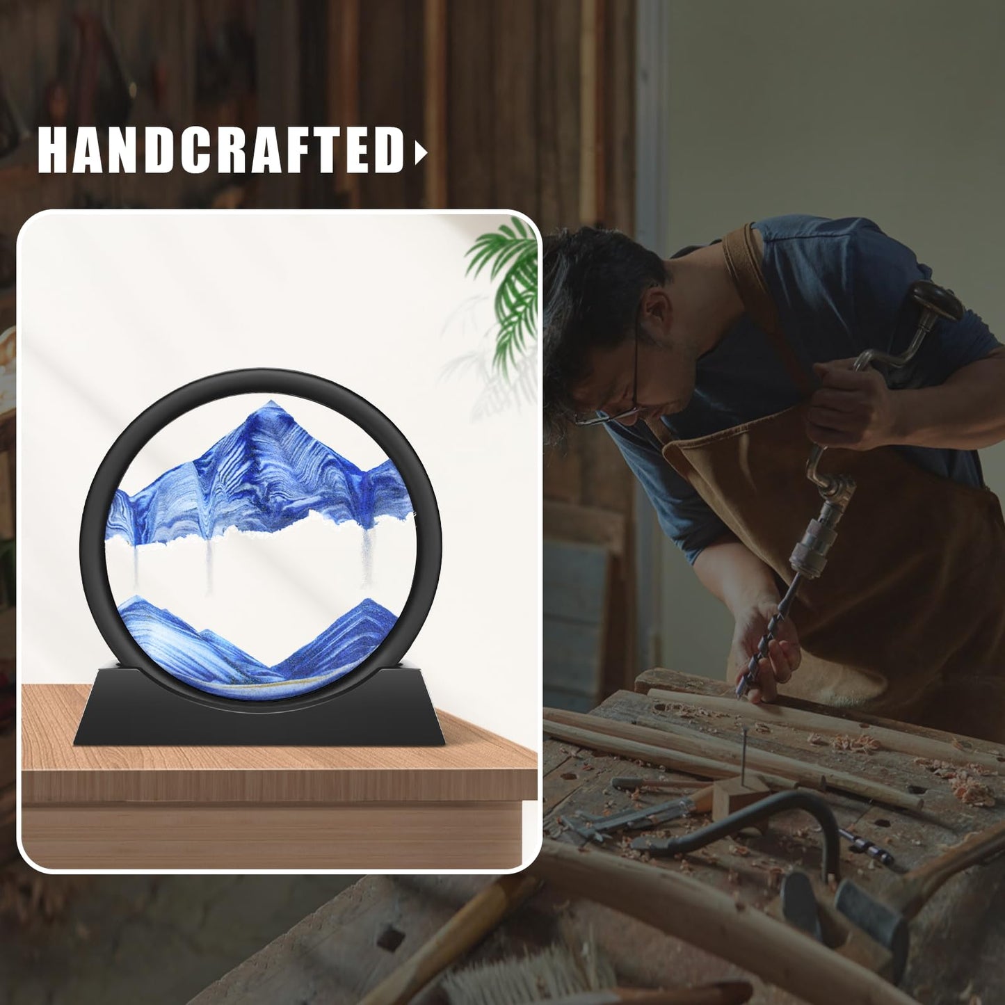 Wai Danie Moving Sand Art Picture 3D Hourglass Deep Sea Sandscape Liquid Motion Display Painting Flowing Sand Frame Relaxing Desktop Home Office Work Decor(Blue, 7")