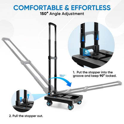 TICONN Folding Portable Dolly Cart, Black, 4-Wheel, 110 lbs Capacity, Adjustable Handle, Silent Wheels