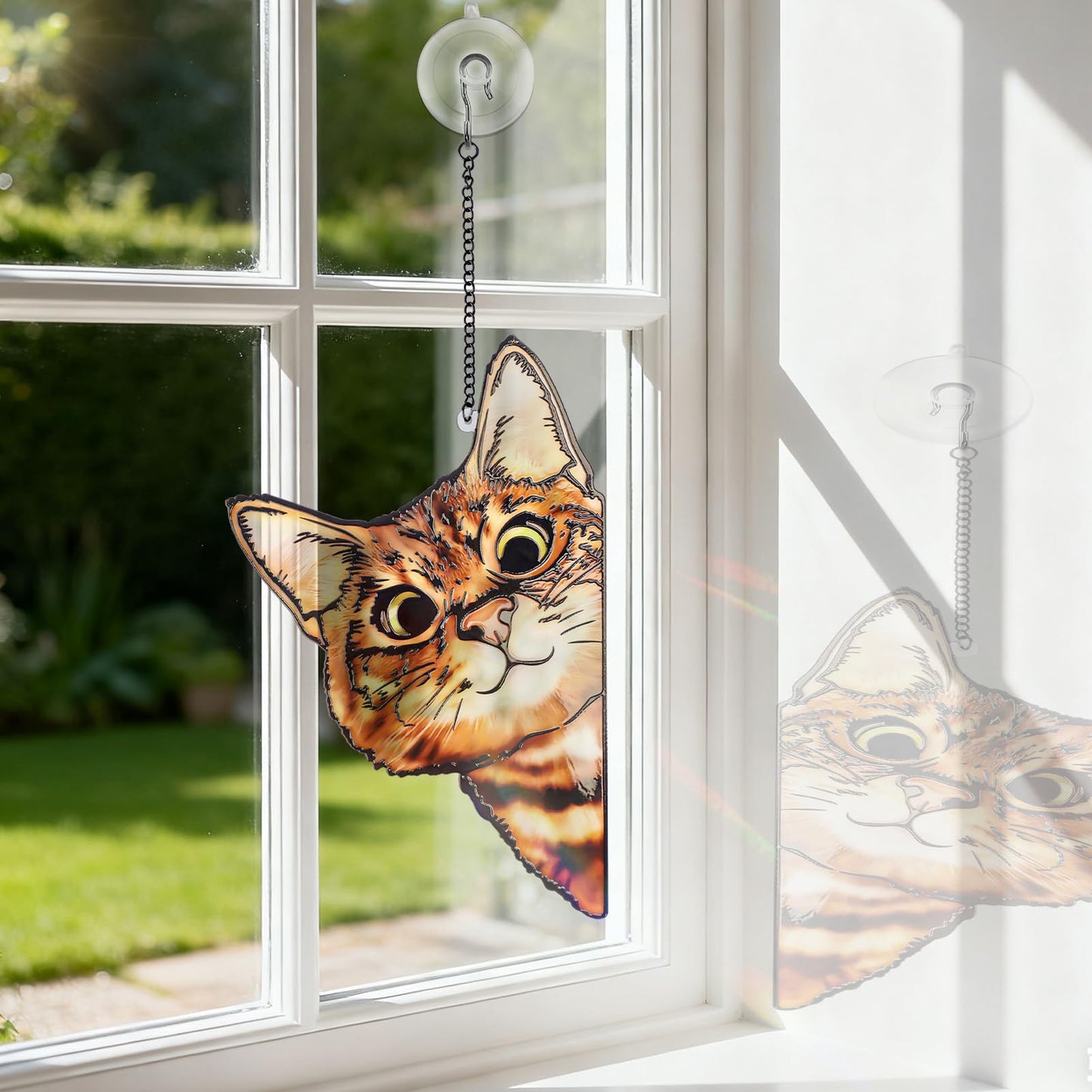 Remiawy Stained Glass Window Hanging, Funny Peeking Cat with Metal Chain and Hooks Window Indoor Decoration and Christmas, Mother's Day Birthday Pet Sympathy Gifts for Cat Lover